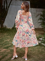 Women's Boho Flowy Long Sleeve Square Neck Floral Midi Dress