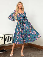 Women's Boho Flowy Long Sleeve Square Neck Floral Midi Dress