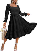 Women's Boho Flowy Long Sleeve Square Neck Floral Midi Dress