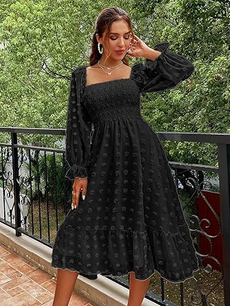 Women's Boho Flowy Long Sleeve Square Neck Floral Midi Dress
