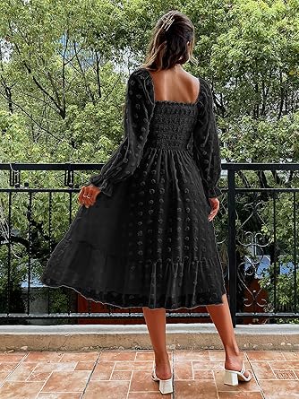 Women's Boho Flowy Long Sleeve Square Neck Floral Midi Dress