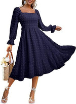 Women's Boho Flowy Long Sleeve Square Neck Floral Midi Dress