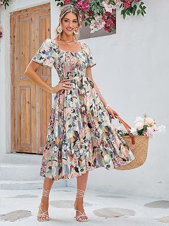 Women's Boho Flowy Long Sleeve Square Neck Floral Midi Dress