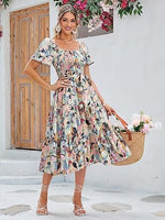 Women's Boho Flowy Long Sleeve Square Neck Floral Midi Dress