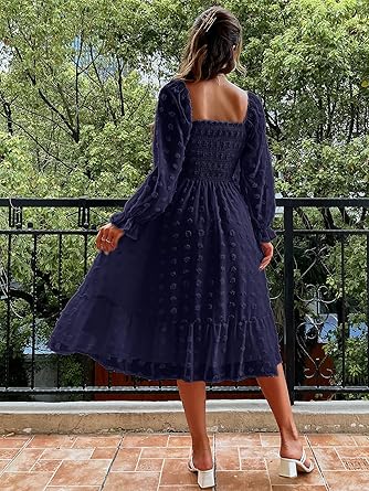 Women's Boho Flowy Long Sleeve Square Neck Floral Midi Dress