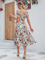 Women's Boho Flowy Long Sleeve Square Neck Floral Midi Dress