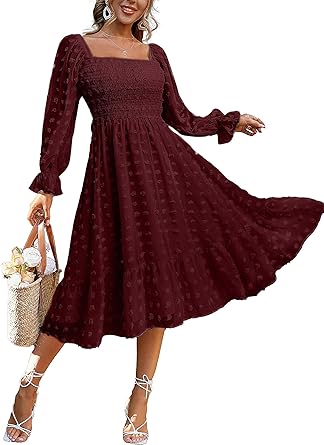 Women's Boho Flowy Long Sleeve Square Neck Floral Midi Dress