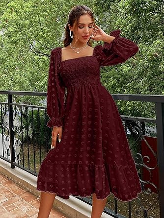 Women's Boho Flowy Long Sleeve Square Neck Floral Midi Dress