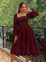 Women's Boho Flowy Long Sleeve Square Neck Floral Midi Dress