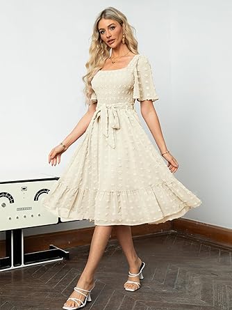 Women's Boho Flowy Long Sleeve Square Neck Floral Midi Dress