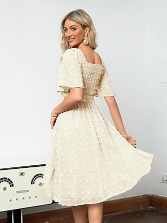 Women's Boho Flowy Long Sleeve Square Neck Floral Midi Dress