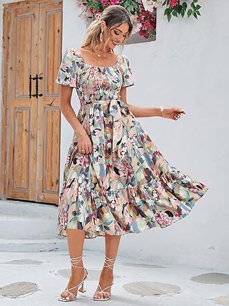 Women's Boho Flowy Long Sleeve Square Neck Floral Midi Dress