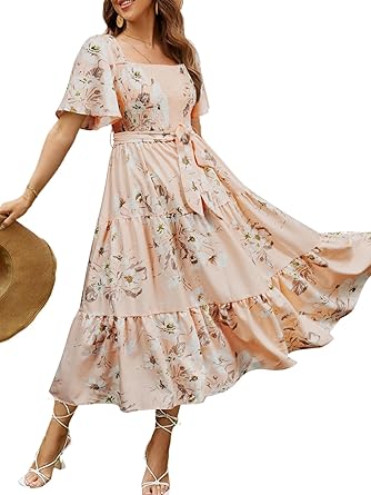 Women's Boho Flowy Long Sleeve Square Neck Floral Midi Dress