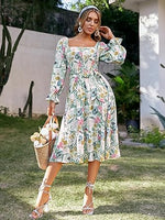 Women's Boho Flowy Long Sleeve Square Neck Floral Midi Dress