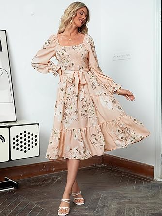 Women's Boho Flowy Long Sleeve Square Neck Floral Midi Dress