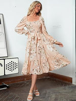 Women's Boho Flowy Long Sleeve Square Neck Floral Midi Dress