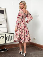 Women's Boho Flowy Long Sleeve Square Neck Floral Midi Dress
