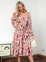 Women's Boho Flowy Long Sleeve Square Neck Floral Midi Dress