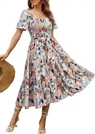 Women's Boho Flowy Long Sleeve Square Neck Floral Midi Dress