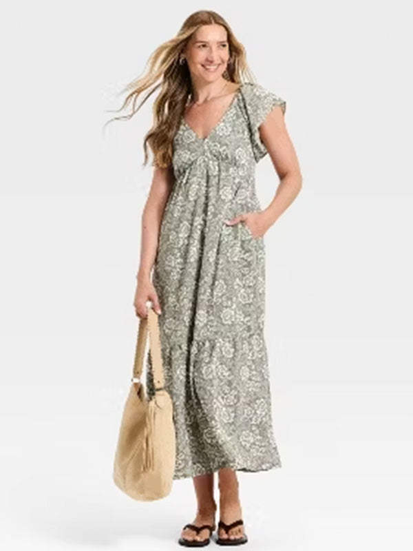 Universal Thread Floral Flutter-SleeveMaxi Dress for Women
