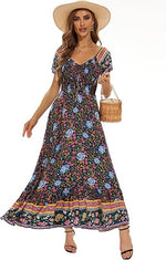 Women’s Floral Smocked Tiered Maxi Dress - Casual Boho A-Line