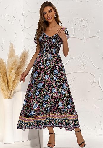 Women’s Floral Smocked Tiered Maxi Dress - Casual Boho A-Line