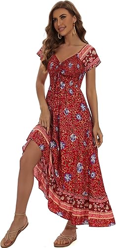 Women’s Floral Smocked Tiered Maxi Dress - Casual Boho A-Line