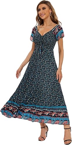 Women’s Floral Smocked Tiered Maxi Dress - Casual Boho A-Line