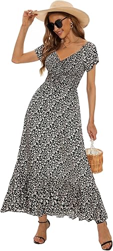 Women’s Floral Smocked Tiered Maxi Dress - Casual Boho A-Line