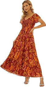 Women’s Floral Smocked Tiered Maxi Dress - Casual Boho A-Line