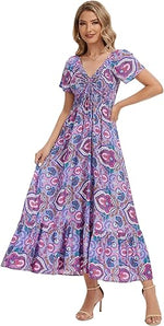 Women’s Floral Smocked Tiered Maxi Dress - Casual Boho A-Line
