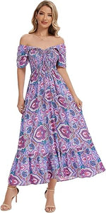 Women’s Floral Smocked Tiered Maxi Dress - Casual Boho A-Line