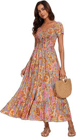 Women’s Floral Smocked Tiered Maxi Dress - Casual Boho A-Line
