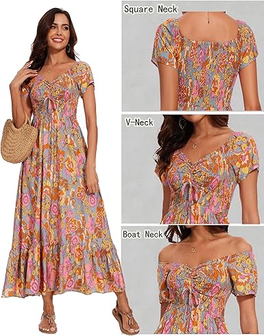 Women’s Floral Smocked Tiered Maxi Dress - Casual Boho A-Line