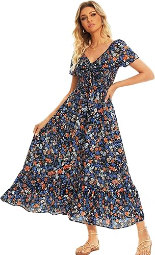 Women’s Floral Smocked Tiered Maxi Dress - Casual Boho A-Line
