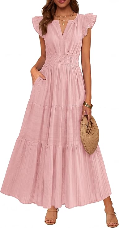 Women's Casual Boho Vacation Flutter Sleeve Tiered Flowy A-Line Maxi Dress