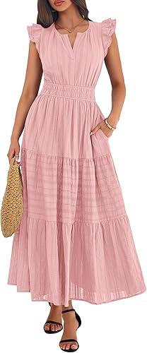 Women's Casual Boho Vacation Flutter Sleeve Tiered Flowy A-Line Maxi Dress