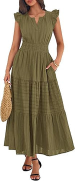 Women's Casual Boho Vacation Flutter Sleeve Tiered Flowy A-Line Maxi Dress