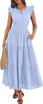 Women's Casual Boho Vacation Flutter Sleeve Tiered Flowy A-Line Maxi Dress