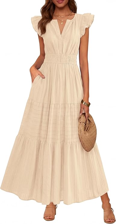 Women's Casual Boho Vacation Flutter Sleeve Tiered Flowy A-Line Maxi Dress