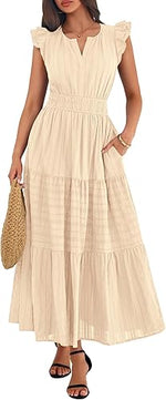Women's Casual Boho Vacation Flutter Sleeve Tiered Flowy A-Line Maxi Dress