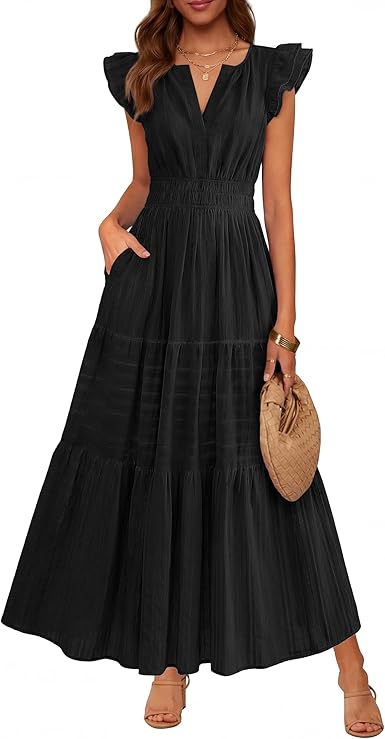 Women's Casual Boho Vacation Flutter Sleeve Tiered Flowy A-Line Maxi Dress