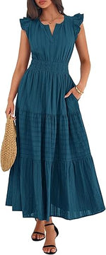 Women's Casual Boho Vacation Flutter Sleeve Tiered Flowy A-Line Maxi Dress