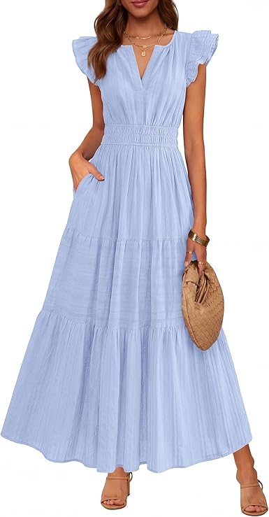 Women's Casual Boho Vacation Flutter Sleeve Tiered Flowy A-Line Maxi Dress