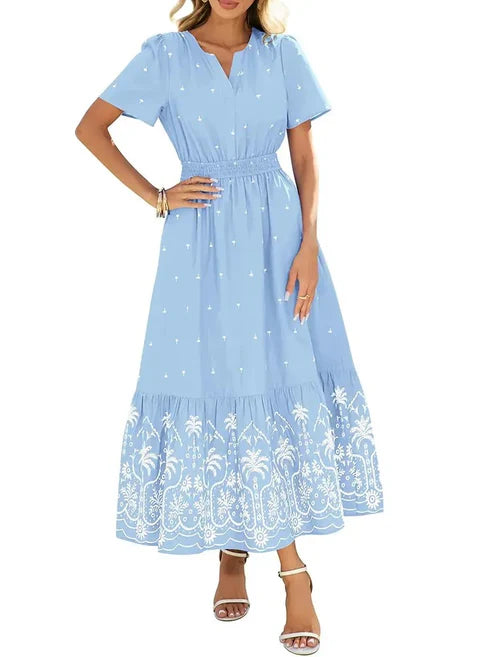 Women's Casual Summer Boho V-Neck Maxi Dress（White）