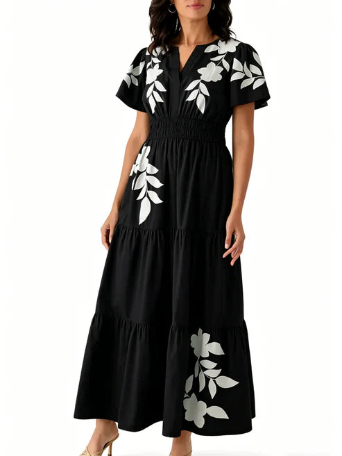Women's Casual Printed Smocked Waist Maxi Dress