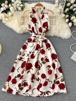 Vintage Floral Halter Dress Elegant Goddess Style with Tie Waist & V Neck