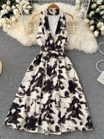 Vintage Floral Halter Dress Elegant Goddess Style with Tie Waist & V Neck