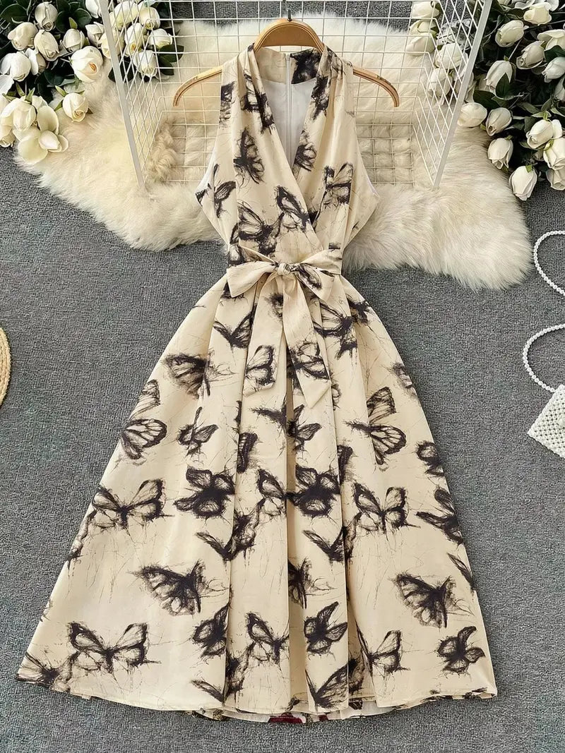 Vintage Floral Halter Dress Elegant Goddess Style with Tie Waist & V Neck