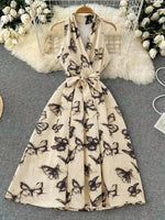 Vintage Floral Halter Dress Elegant Goddess Style with Tie Waist & V Neck